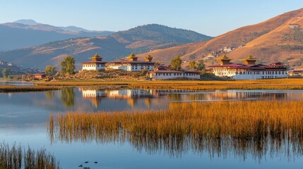 Obraz premium Bhutanese monastery reflected on serene lake at dawn
