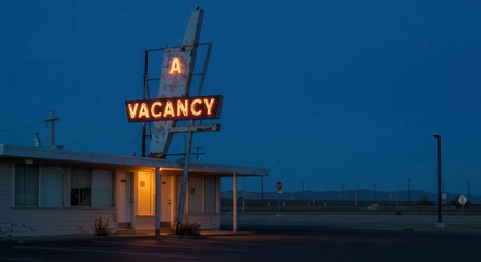 Vintage Motel Vacancy Sign Glowing at Twilight Along Desert Road