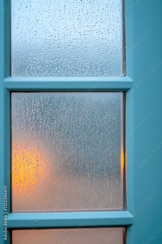 Poster window with raindrops creating intricate patterns soft light from outside giving tranquil and cozy a