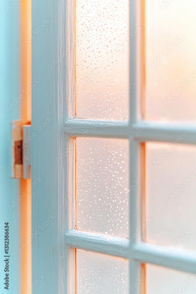 Poster window with raindrops creating intricate patterns soft light from outside giving tranquil and cozy a