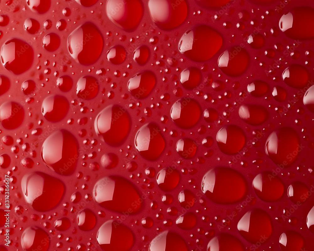Poster close-up of red water droplets on a surface, creating a textured and glossy appearance, showcasing a