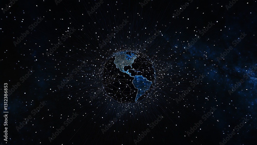 Poster Top view of a stylized Earth surrounded by digital connections and glowing particles in deep space : Generative AI