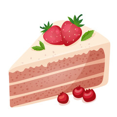Slice of strawberry birthday cake with strawberries on a white background. Perfect for postcards, stickers, and social media.  Vector illustration.