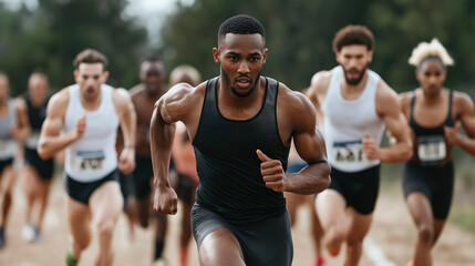 A group of runners are racing in a marathon, with one man in a black tank top and shorts leading the pack