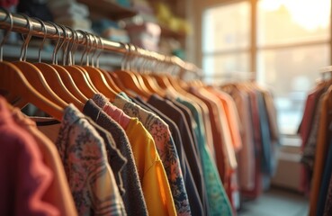 Clothes hang on wooden hangers in second hand shop. Used clothing store features garments for resale. Sustainable fashion concept with rack with assorted wears indoors.