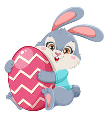 Funny cartoon character rabbit holding colored egg. Happy Easter