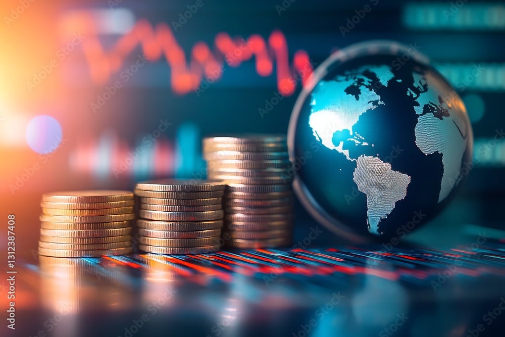 Aufkleber vibrant image of a globe and coins showing international finance concepts with stock data in the bac