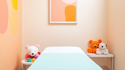 brightly lit pediatric clinic room with small examination bed colorful toys scattered plush animals nestled in corner