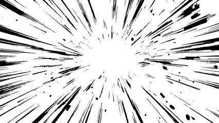 Bokeh black lines on white transparent background, black radial lines and splatter effects on a transparent background, creating an explosive dynamic visual effect.