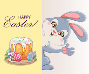 Cartoon character rabbit. Funny rabbit. Easter cake and decorated eggs.