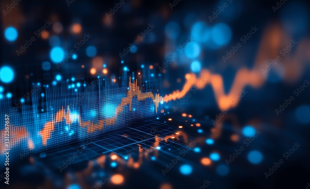 Poster Dynamic financial data visualization with glowing blue and orange elements representing market trends : Generative AI
