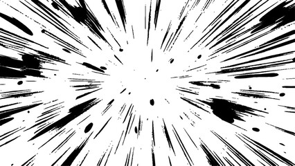 Bokeh black lines on white transparent background, black radial lines and splatter effects on a transparent background, creating an explosive dynamic visual effect.