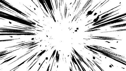 Bokeh black lines on white transparent background, black radial lines and splatter effects on a transparent background, creating an explosive dynamic visual effect.