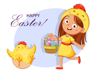 ute little girl in a chicken costume. Happy Easter greeting card.