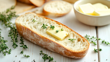Cut baguette with butter and herbs on white wooden table, close up