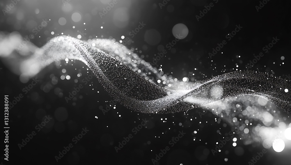 Poster glistening wave of fine particles captured in black and white illustrating fluid motion and elegance