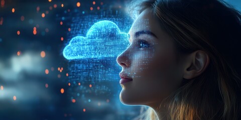 Technology meets creativity in digital dream visualization with glowing cloud and binary codes at dusk