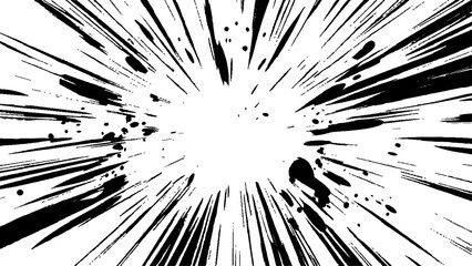 Bokeh black lines on white transparent background, black radial lines and splatter effects on a transparent background, creating an explosive dynamic visual effect.