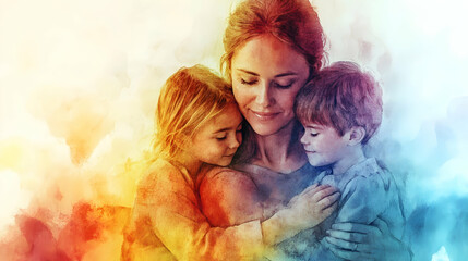Loving Mother Holds Children, Watercolor Style