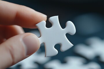 A person holding a single white puzzle piece against a blurred background