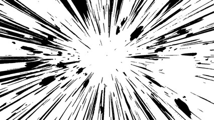 Bokeh black lines on white transparent background, black radial lines and splatter effects on a transparent background, creating an explosive dynamic visual effect.