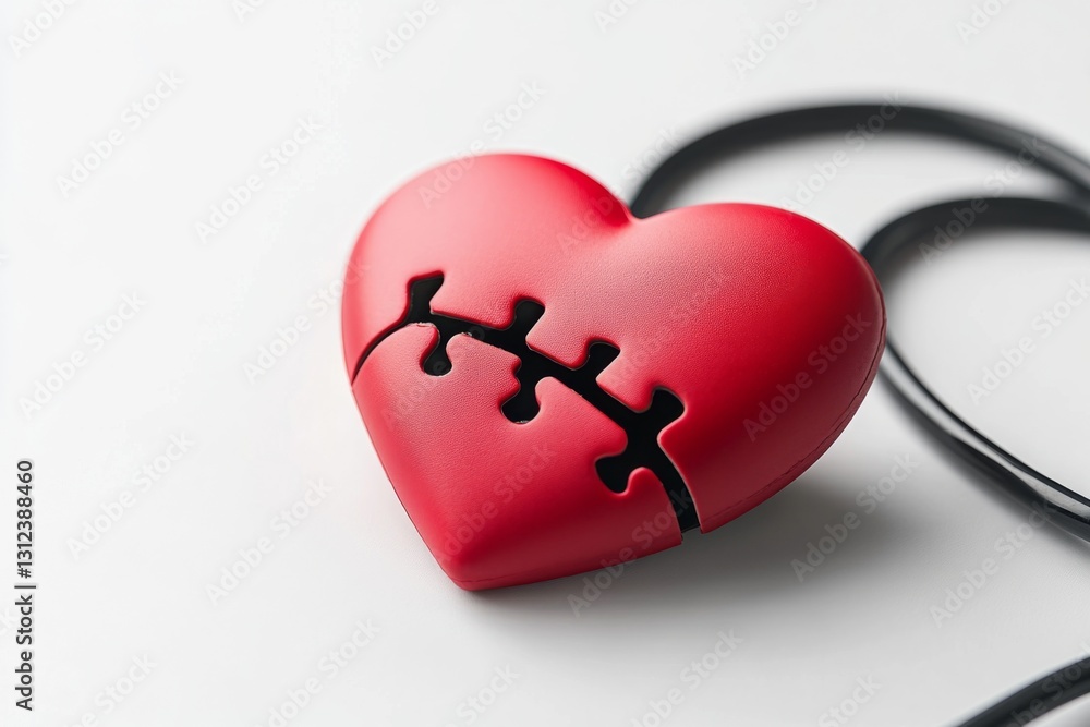 Poster a red heart-shaped object with a puzzle piece design and a black cord
