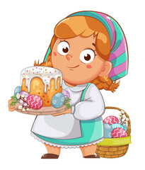 Happy Easter. A sweet plump girl holds an Easter cake
