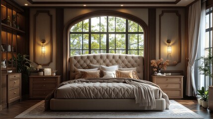 A luxurious and elegant bedroom features a large arched window