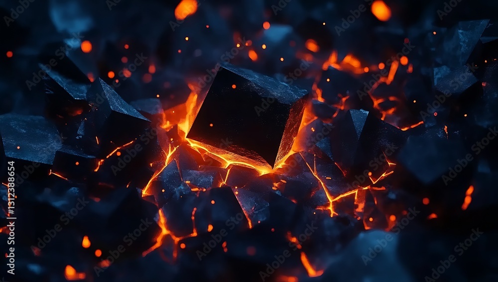 Poster Dynamic scene of glowing lava rocks surrounded by shimmering orange particles and dark textures : Generative AI