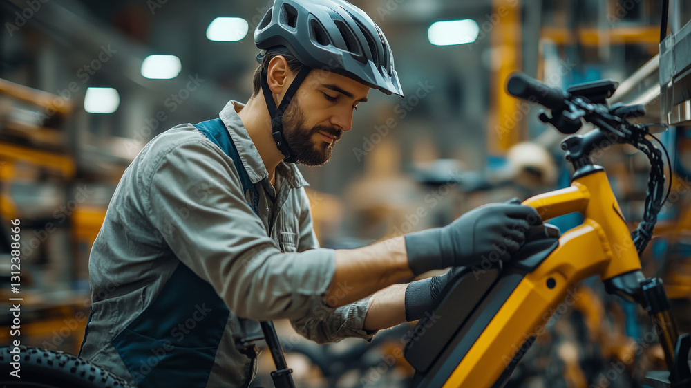 Poster worker assembling e-bike in modern workshop during busy daytime hours