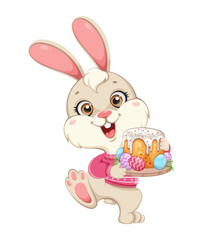 Happy Easter. A funny rabbit holds an Easter cake and colored eggs.