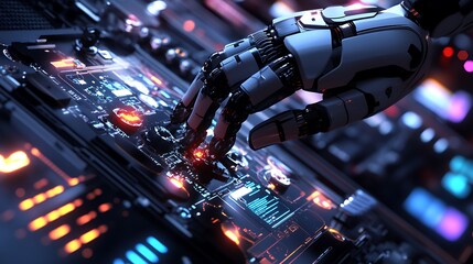 A robotic hand interacts with illuminated circuit board technology