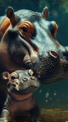Mother hippo and calf swimming together in a serene underwater environment showcasing their bond
