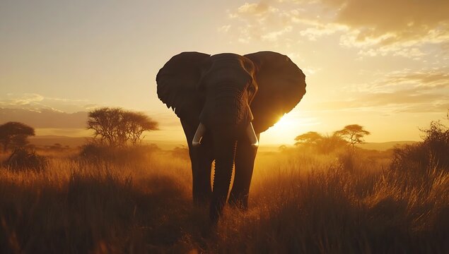 Majestic elephant roaming in golden grassland during sunset in the African savannah : Generative AI