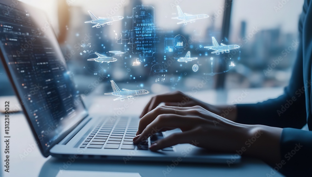 Poster Focused view of hands working on a laptop surrounded by digital graphics representing the airline industry innovations : Generative AI