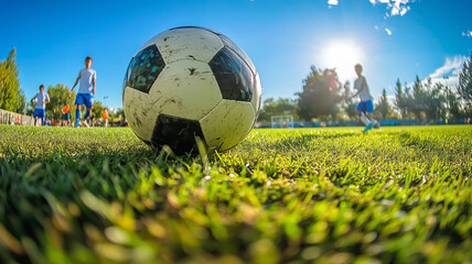Dynamic perspective of youth soccer action on a bright sunny day