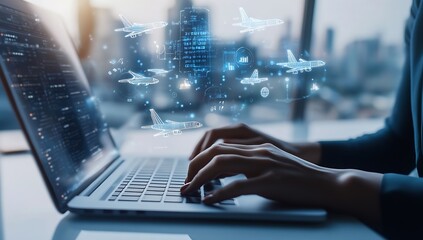 Focused view of hands working on a laptop surrounded by digital graphics representing the airline industry innovations : Generative AI