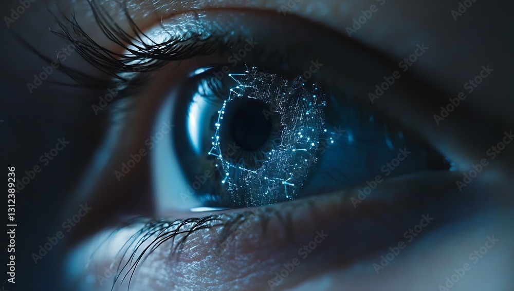Poster Intimate close-up of a human eye showcasing intricate network textures within a digital mapping environment : Generative AI