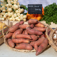 Marché de produits frais. Patates douces.