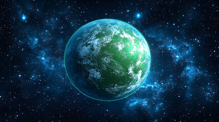 Obraz premium Lush green exoplanet in a vibrant nebula.