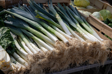 Marché de produits frais. Poireaux.