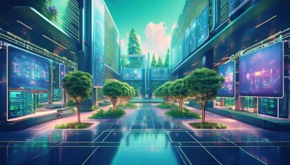 Fototapeta premium A stunning, high-tech college environment with lush greenery and digital displays.