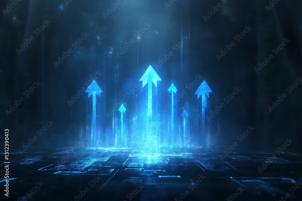 Poster futuristic scene of bright blue upward arrows emerging from a misty floor in a dark environment : ge