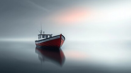 Fototapeta premium A small red fishing boat is anchored in still waters on a misty morning. Soft light filters through the fog, creating a serene, tranquil atmosphere