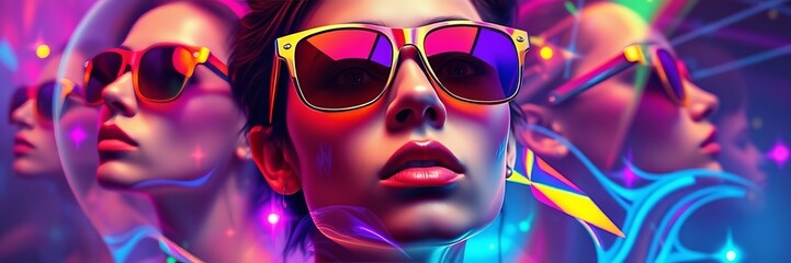 Futuristic neon portrait of a stylish woman in vibrant sunglasses, with a trippy, cyberpunk aesthetic and colorful reflections. Modern digital art with bold fashion and sci-fi elements. © Moody