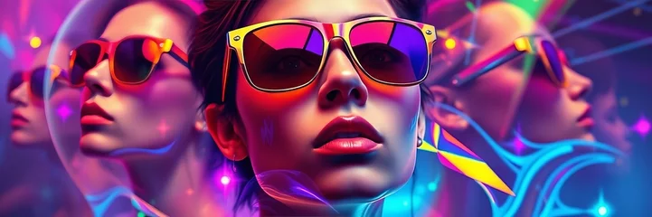 Futuristic neon portrait of a stylish woman in vibrant sunglasses, with a trippy, cyberpunk aesthetic and colorful reflections. Modern digital art with bold fashion and sci-fi elements. © Moody