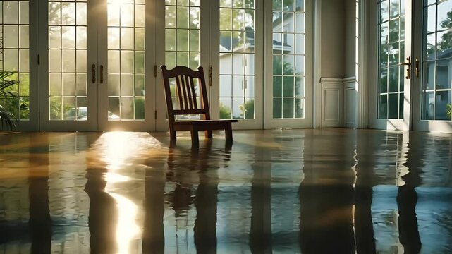 Flooded empty room with wooden floors reflecting sunlight after heavy rain
