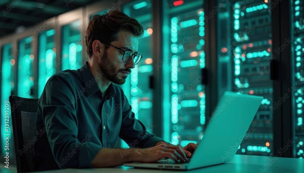 Aufkleber Caucasian specialist works on laptop in digital data center server room. Man completes data transfer operation, ensures cyber security measures. Server racks visible behind. Network engineer