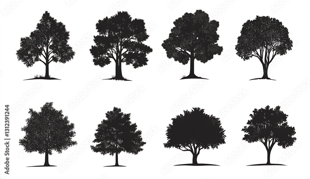 Poster set of eight distinctive tree silhouettes ideal for illustrating nature and wilderness : generative 