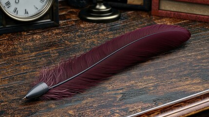 Dark Feather Quill Pen on Wooden Desk with Antique Clock